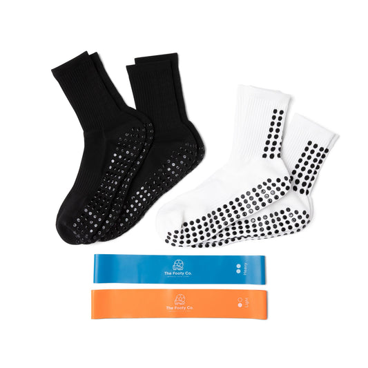 Footy Co High-Performance Sports Grip Socks and Resistance Training Bands- Superior Grip, Comfort, and Durability- 4 Pairs of Socks- 2 White and 2 Black- 2 Resistance Bands